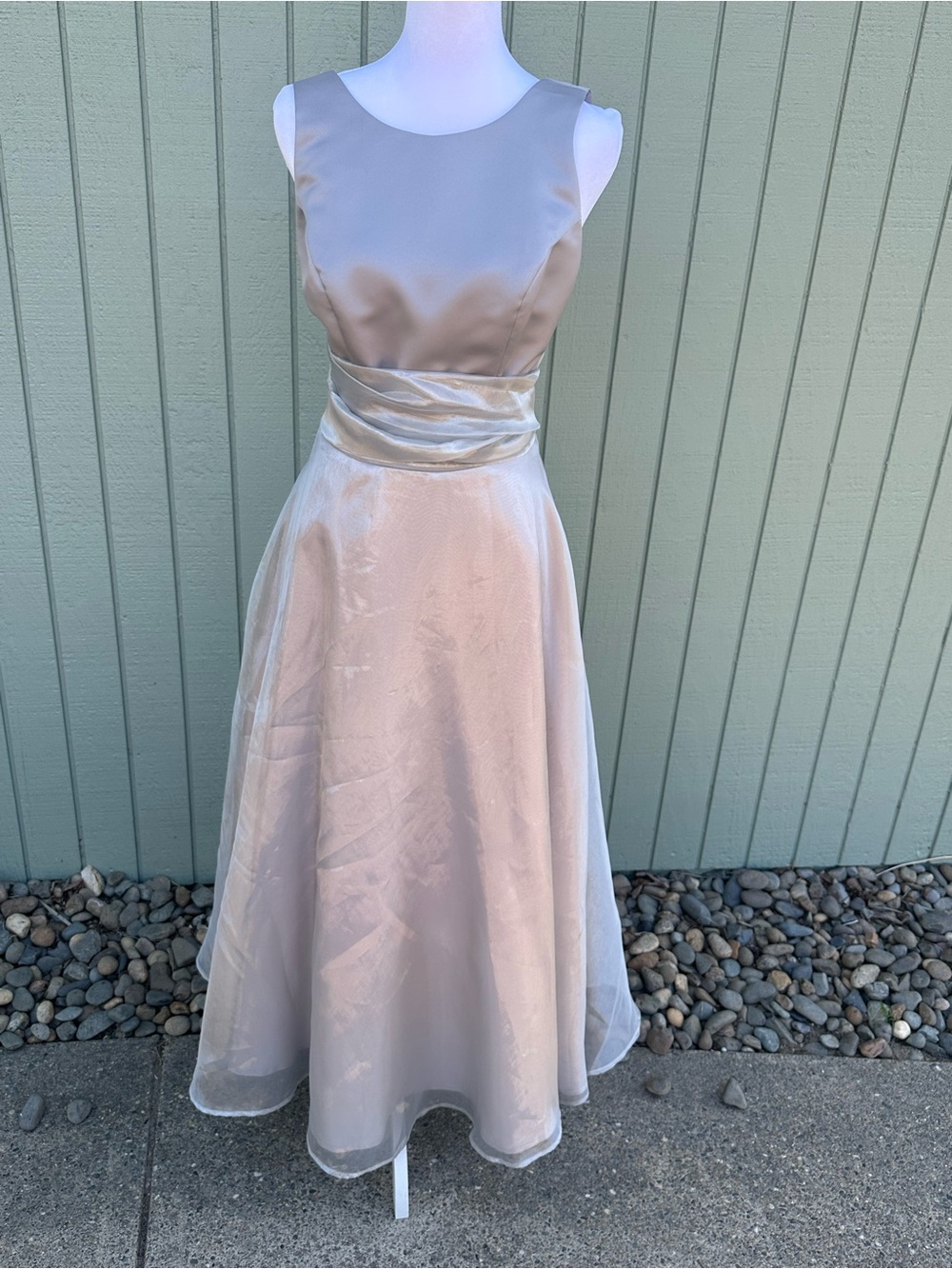 Satin & Organza Silver Grey A-Line Prom Dress with Waist Sash